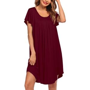 imageEkouaer Womens Nightgown Soft Sleepwear Pleated Sleepshirt Sleep Dress Short Sleeve Nightdress S3XLWine Red