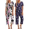 imageEkouaer 2 Pack Womens Pajamas Short Sleeve Sleepwear Tops and Capri Pants Pjs Print Pajama SetsNavy Blue Flowers  Moon