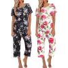 imageEkouaer 2 Pack Womens Pajamas Short Sleeve Sleepwear Tops and Capri Pants Pjs Print Pajama SetsPink and Black Flowers