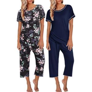 imageEkouaer 2 Pack Womens Pajamas Short Sleeve Sleepwear Tops and Capri Pants Pjs Print Pajama SetsBlack Flowers  Navy Blue
