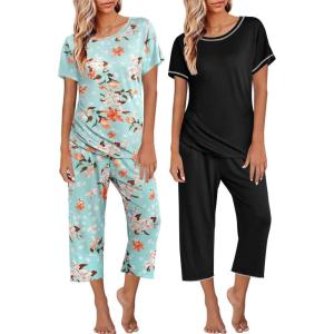 imageEkouaer 2 Pack Womens Pajamas Short Sleeve Sleepwear Tops and Capri Pants Pjs Print Pajama SetsBlue Flowers  Black