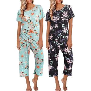 imageEkouaer 2 Pack Womens Pajamas Short Sleeve Sleepwear Tops and Capri Pants Pjs Print Pajama SetsBlue Flowers  Black Flowers