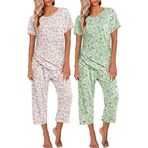 imageEkouaer 2 Pack Womens Pajamas Short Sleeve Sleepwear Tops and Capri Pants Pjs Print Pajama SetsGreen Flowersbeige Flowers