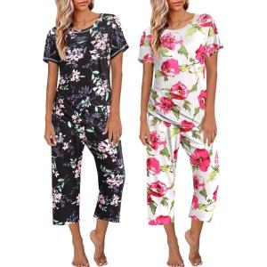 imageEkouaer 2 Pack Womens Pajamas Short Sleeve Sleepwear Tops and Capri Pants Pjs Print Pajama SetsPink and Black Flowers