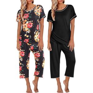 imageEkouaer 2 Pack Womens Pajamas Short Sleeve Sleepwear Tops and Capri Pants Pjs Print Pajama SetsRed Flowers  Black