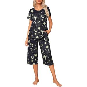 imageEkouaer Pajama Set for Women 2 Piece Capri Pants Short Sleeve Top Sleepwear Soft Pjs Loungewear with Pockets S3XLBlack Moon Stars
