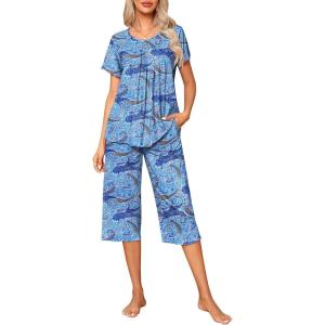imageEkouaer Pajama Set for Women 2 Piece Capri Pants Short Sleeve Top Sleepwear Soft Pjs Loungewear with Pockets S3XLBlue Cashew