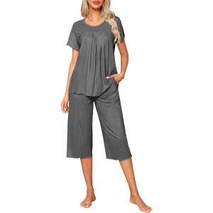 imageEkouaer Pajama Set for Women 2 Piece Capri Pants Short Sleeve Top Sleepwear Soft Pjs Loungewear with Pockets S3XLDark Gray