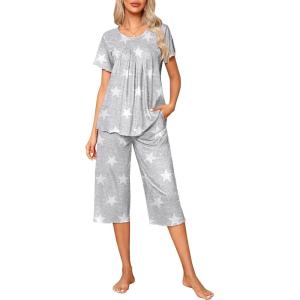 imageEkouaer Pajama Set for Women 2 Piece Capri Pants Short Sleeve Top Sleepwear Soft Pjs Loungewear with Pockets S3XLGray Star