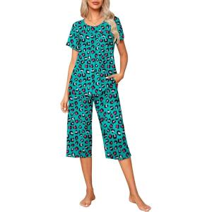 imageEkouaer Pajama Set for Women 2 Piece Capri Pants Short Sleeve Top Sleepwear Soft Pjs Loungewear with Pockets S3XLGreen Leopard