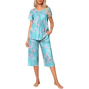 imageEkouaer Pajama Set for Women 2 Piece Capri Pants Short Sleeve Top Sleepwear Soft Pjs Loungewear with Pockets S3XLLight Blue Flowers