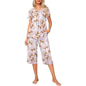 imageEkouaer Pajama Set for Women 2 Piece Capri Pants Short Sleeve Top Sleepwear Soft Pjs Loungewear with Pockets S3XLLight Pink Cheetah