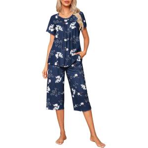 imageEkouaer Pajama Set for Women 2 Piece Capri Pants Short Sleeve Top Sleepwear Soft Pjs Loungewear with Pockets S3XLNavy Blue Flowers