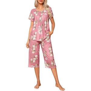 imageEkouaer Pajama Set for Women 2 Piece Capri Pants Short Sleeve Top Sleepwear Soft Pjs Loungewear with Pockets S3XLPink Flowers