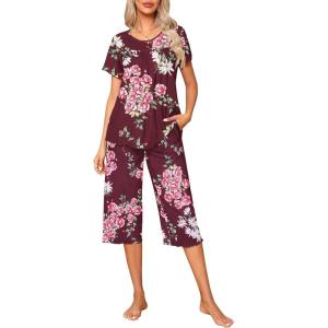 imageEkouaer Pajama Set for Women 2 Piece Capri Pants Short Sleeve Top Sleepwear Soft Pjs Loungewear with Pockets S3XLRed Flowers