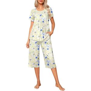 imageEkouaer Pajama Set for Women 2 Piece Capri Pants Short Sleeve Top Sleepwear Soft Pjs Loungewear with Pockets S3XLWhite Flowers