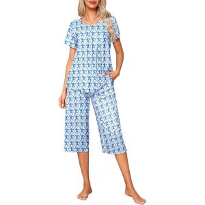 imageEkouaer Pajama Set for Women 2 Piece Capri Pants Short Sleeve Top Sleepwear Soft Pjs Loungewear with Pockets S3XLWhite Monkey