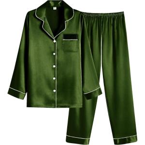 imageEkouaer Women Satin Pajamas Set Classic Button Down Long Pjs SetArmy Green