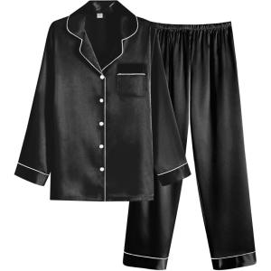 imageEkouaer Women Satin Pajamas Set Classic Button Down Long Pjs SetBlack
