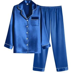 imageEkouaer Women Satin Pajamas Set Classic Button Down Long Pjs SetBlue