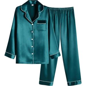 imageEkouaer Women Satin Pajamas Set Classic Button Down Long Pjs SetBlue Green