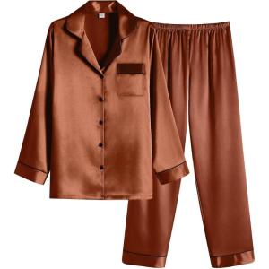 imageEkouaer Women Satin Pajamas Set Classic Button Down Long Pjs SetBrown