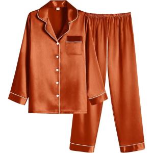 imageEkouaer Women Satin Pajamas Set Classic Button Down Long Pjs SetCaramel