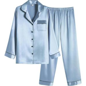 imageEkouaer Women Satin Pajamas Set Classic Button Down Long Pjs SetClear Blue
