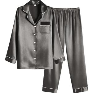 imageEkouaer Women Satin Pajamas Set Classic Button Down Long Pjs SetDeep Grey