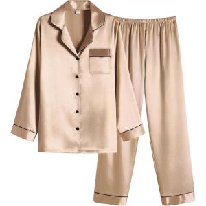imageEkouaer Women Satin Pajamas Set Classic Button Down Long Pjs SetKhaki