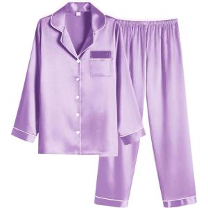 imageEkouaer Women Satin Pajamas Set Classic Button Down Long Pjs SetLavender