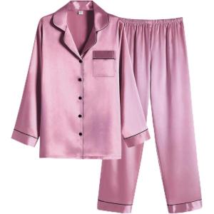 imageEkouaer Women Satin Pajamas Set Classic Button Down Long Pjs SetLotus Color