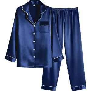imageEkouaer Women Satin Pajamas Set Classic Button Down Long Pjs SetNavy Blue