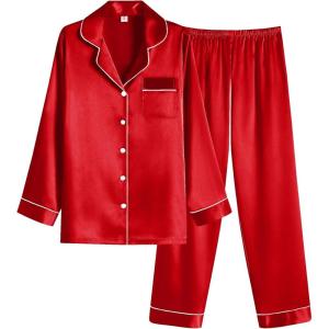 imageEkouaer Women Satin Pajamas Set Classic Button Down Long Pjs SetRed