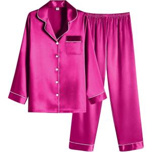 imageEkouaer Women Satin Pajamas Set Classic Button Down Long Pjs SetRose