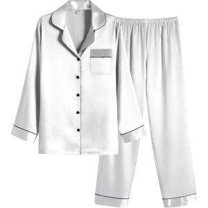 imageEkouaer Women Satin Pajamas Set Classic Button Down Long Pjs SetWhite