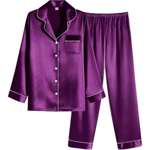 imageEkouaer Women Satin Pajamas Set Classic Button Down Long Pjs SetWineberry