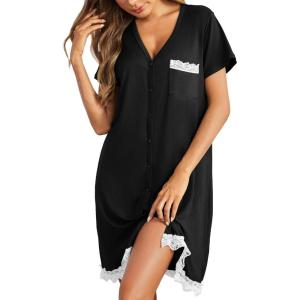 imageEkouaer Women Striped Nightgowns Button Down Sleepshirts Short Sleeves Nightshirts01 Black