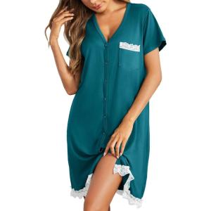 imageEkouaer Women Striped Nightgowns Button Down Sleepshirts Short Sleeves NightshirtsBlue Green