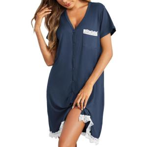 imageEkouaer Women Striped Nightgowns Button Down Sleepshirts Short Sleeves NightshirtsDark Blue
