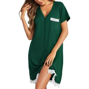 imageEkouaer Women Striped Nightgowns Button Down Sleepshirts Short Sleeves NightshirtsDark Green