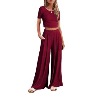 imageEkouaer Womens 2 Piece Lounge Sets Short Sleeve Pajama Set Ribbed Knit Crop Top Wide Leg Pants Loungewear SXXLBurgundy
