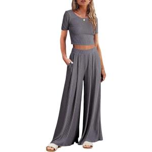 imageEkouaer Womens 2 Piece Lounge Sets Short Sleeve Pajama Set Ribbed Knit Crop Top Wide Leg Pants Loungewear SXXLDark Gray