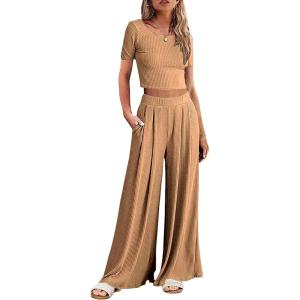 imageEkouaer Womens 2 Piece Lounge Sets Short Sleeve Pajama Set Ribbed Knit Crop Top Wide Leg Pants Loungewear SXXLDark Khaki