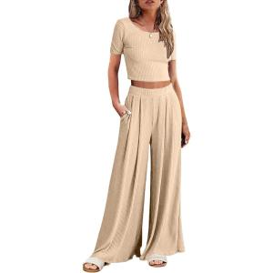 imageEkouaer Womens 2 Piece Lounge Sets Short Sleeve Pajama Set Ribbed Knit Crop Top Wide Leg Pants Loungewear SXXLKhaki