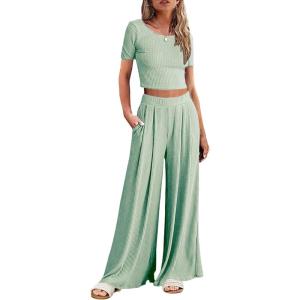 imageEkouaer Womens 2 Piece Lounge Sets Short Sleeve Pajama Set Ribbed Knit Crop Top Wide Leg Pants Loungewear SXXLLight Green