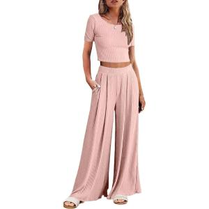 imageEkouaer Womens 2 Piece Lounge Sets Short Sleeve Pajama Set Ribbed Knit Crop Top Wide Leg Pants Loungewear SXXLLight Pink