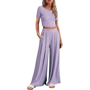 imageEkouaer Womens 2 Piece Lounge Sets Short Sleeve Pajama Set Ribbed Knit Crop Top Wide Leg Pants Loungewear SXXLLilac