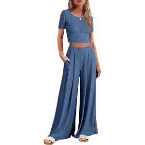 imageEkouaer Womens 2 Piece Lounge Sets Short Sleeve Pajama Set Ribbed Knit Crop Top Wide Leg Pants Loungewear SXXLNavy Blue