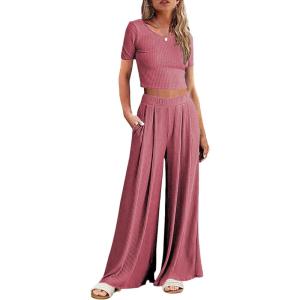imageEkouaer Womens 2 Piece Lounge Sets Short Sleeve Pajama Set Ribbed Knit Crop Top Wide Leg Pants Loungewear SXXLOld Rose